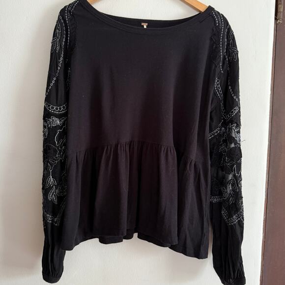 FREE PEOPLE | Black Penny Embroidered Sleeve Boxy Peplum Top | Small - Picture 2 of 8